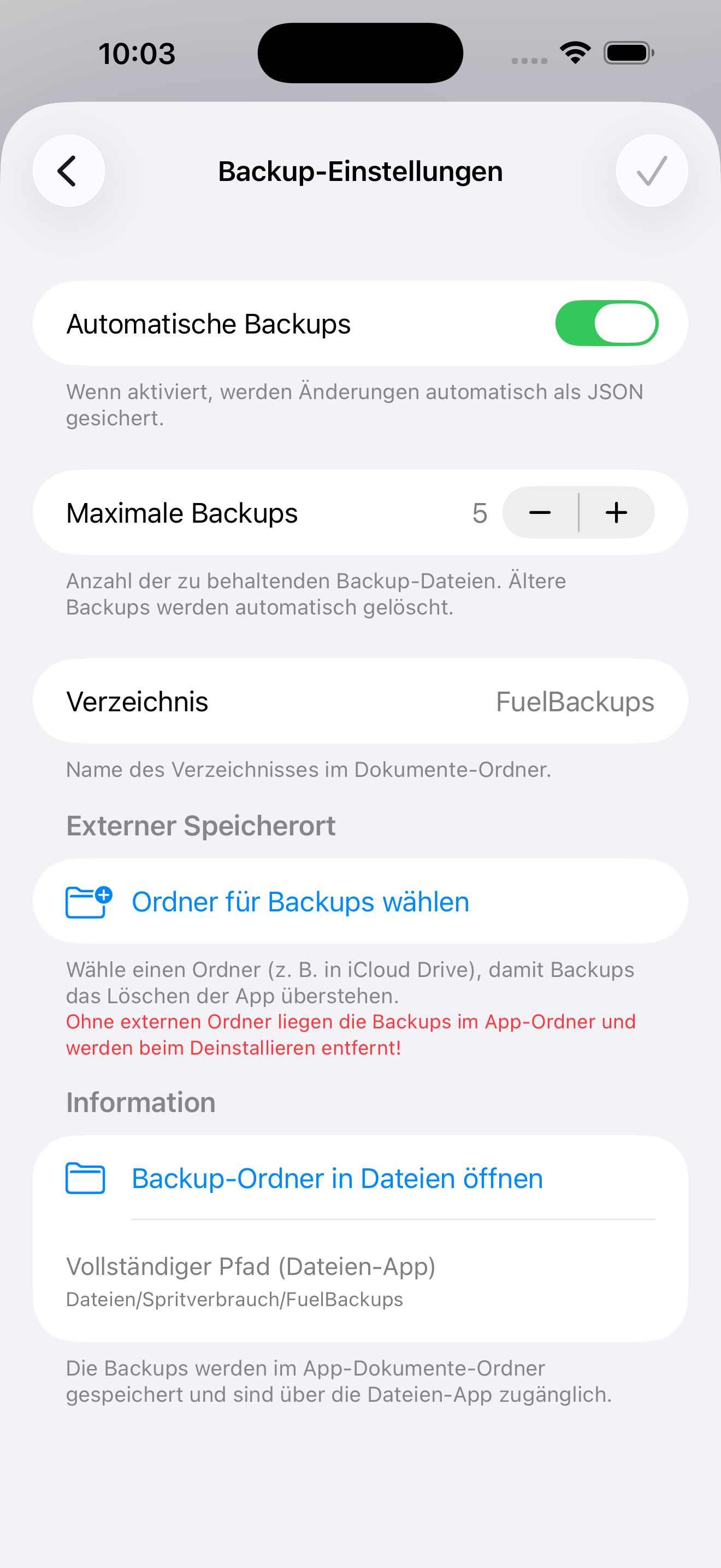 Spritverbrauch Backupsystem Konfiguration