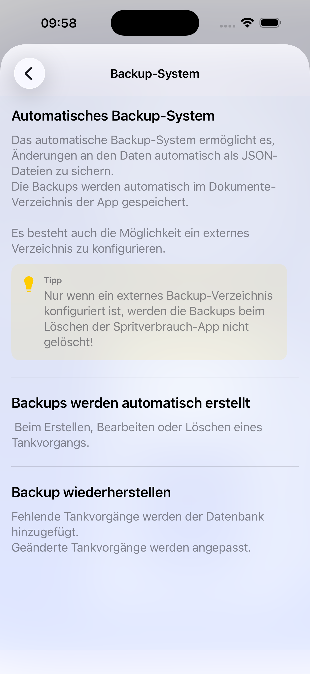 Spritverbrauch Backupsystem